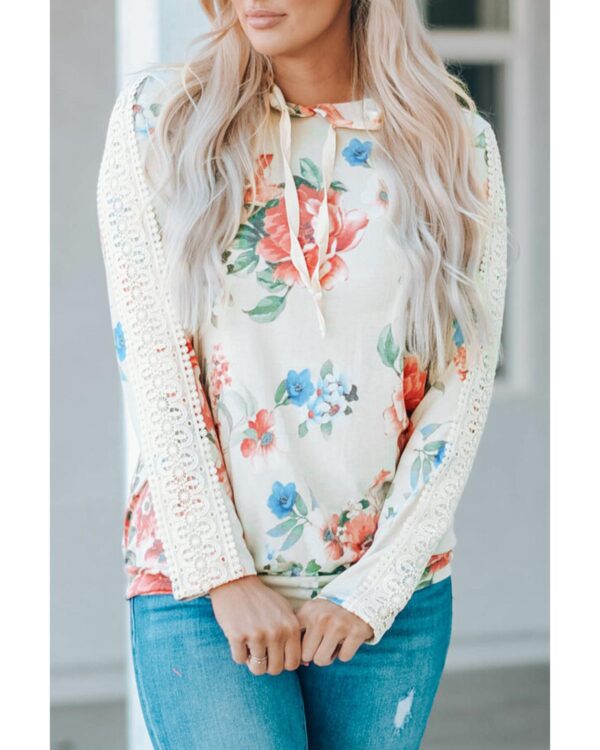 Fanno-Floral Print Lace Contrast Long Sleeve Hoodie for Women Casual Comfortable Wear