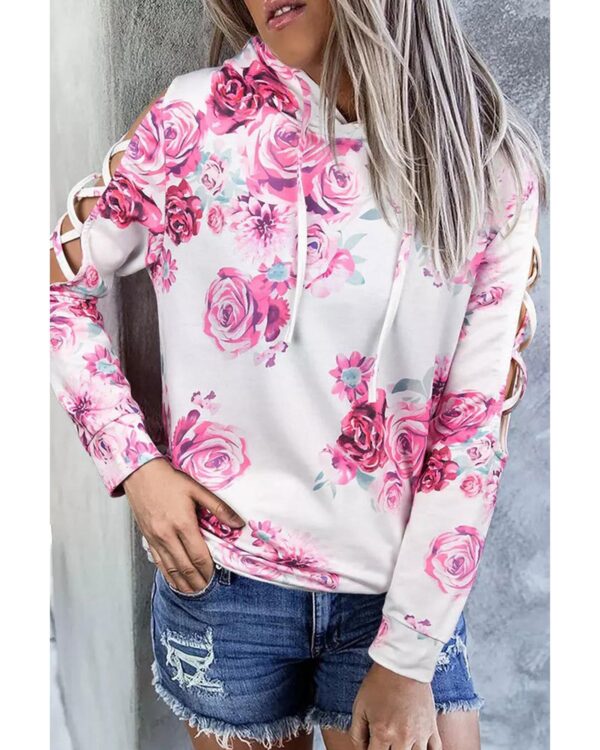 Fanno-Womens Floral Print Cold Shoulder Hoodie with Criss-Cross Detail for Everyday Wear