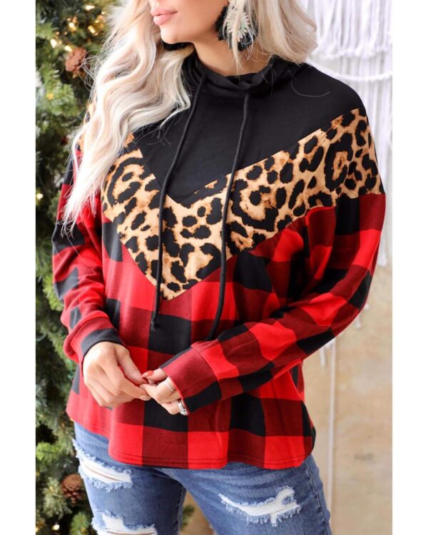 Fanno-Stylish Chevron Plaid Leopard Patchwork Turtleneck Sweatshirt for Women