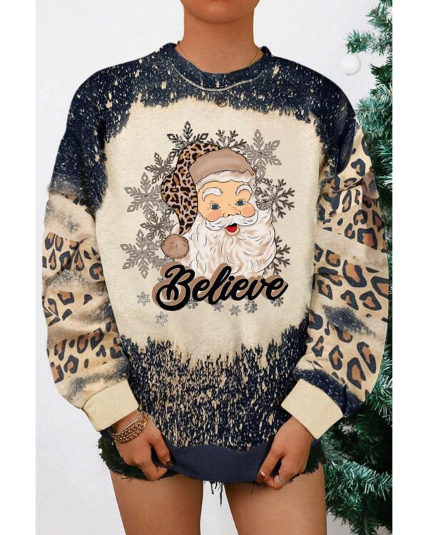 Fanno-Stylish Bleach Print Santa Claus Graphic Sweatshirt for Women Cozy Holiday Wear