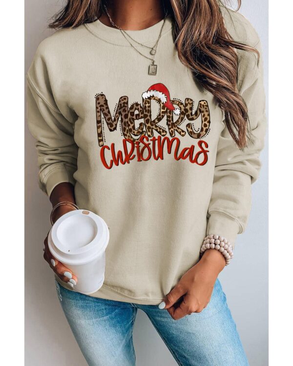 Fanno-Khaki Merry Christmas Hat Leopard Print Graphic Sweatshirt for Women