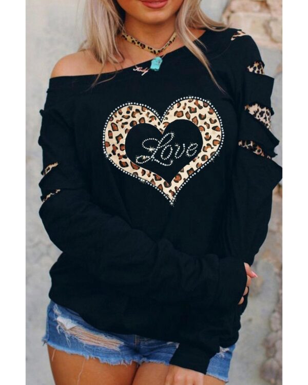 Fanno-Leopard Rhinestone Heart Graphic Sweatshirt Stylish Slash Sleeve Casual Wear