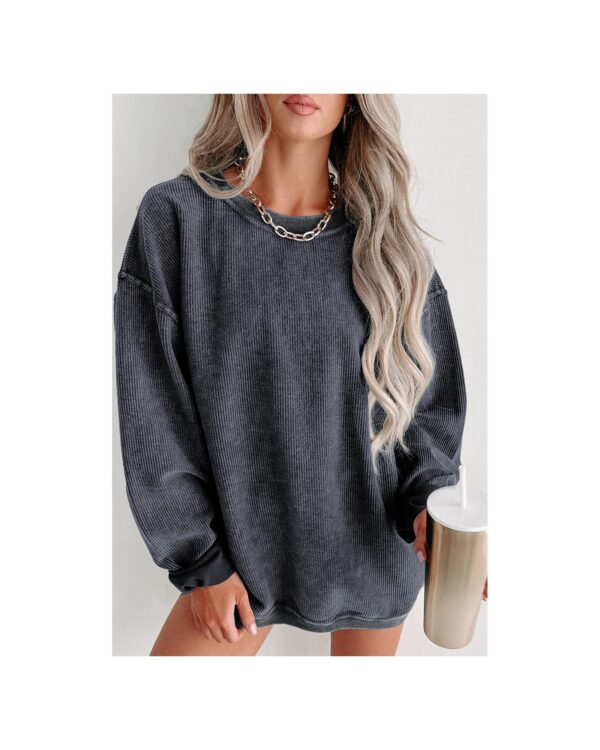 Fanno-Gray Ribbed Knit Pullover Sweatshirt for Women Comfortable Round Neck Long Sleeve