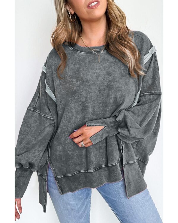 Fanno-Acid Wash Pullover Sweatshirt Relaxed Fit with Side Slits for Casual