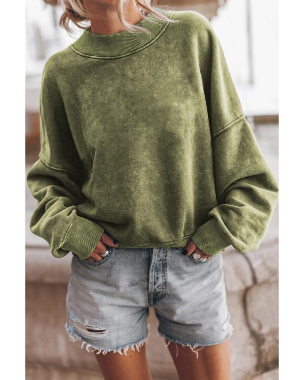 Fanno-Green Drop Shoulder Crew Neck Pullover Sweatshirt for Women Casual Chic