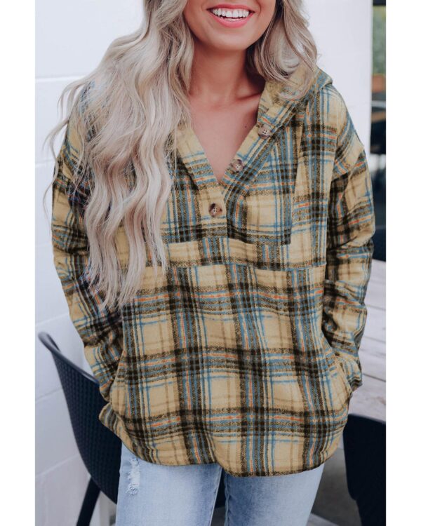 Fanno-Stylish Khaki Plaid Button Neck Pocketed Pullover Hoodie for Women