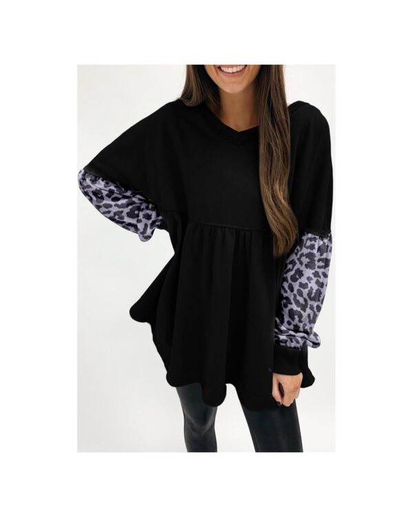 Fanno-Loose Black Leopard Splicing Sleeve Ruffle Sweatshirt for Casual  and Comfort