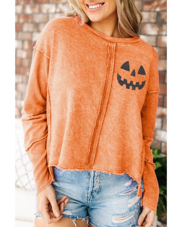 Fanno-Womens Halloween Pumpkin Face Sweatshirt Comfortable Stylish Orange Patchwork L