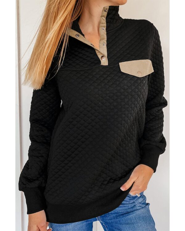 Fanno-Womens Quilted Stand Neck Sweatshirt with Snap Closure and Fake Pocket