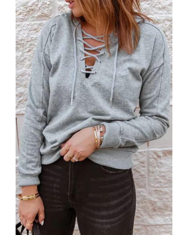 Fanno-Casual Lace-up Hoodie for Women in Grey Solid Color Perfect for Everyday Wear