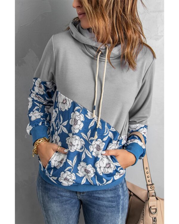 Fanno-Floral Splicing Cowl Neck Hoodie for Women Relaxed Fit Casual Gray Comfort