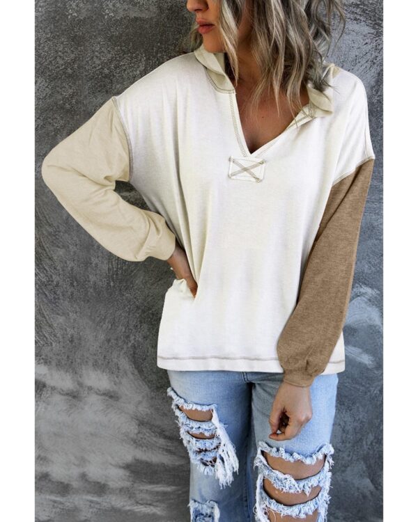 Fanno-Womens Colorblock V Neck Long Sleeve Hoodie Comfortable Stylish Khaki Wardrobe Essential