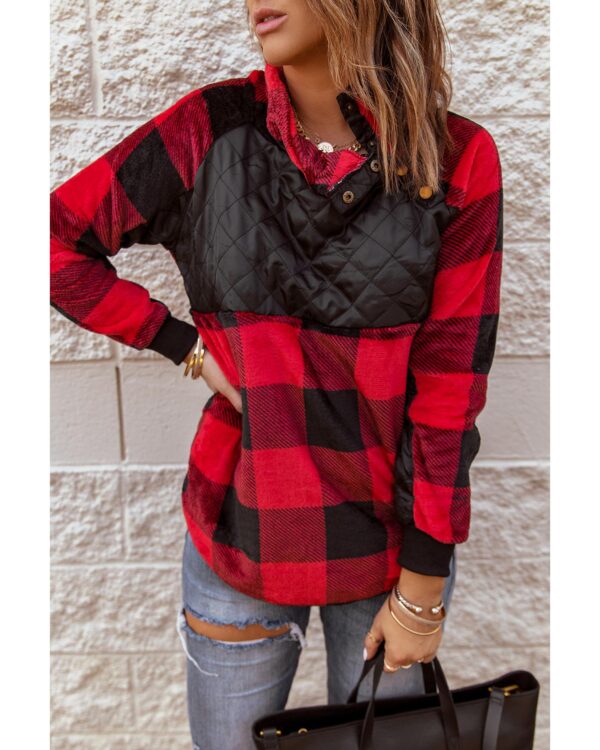 Fanno-Long Sleeve Plaid Paneled Sweatshirt for Women Stylish Casual Wear Quality Material