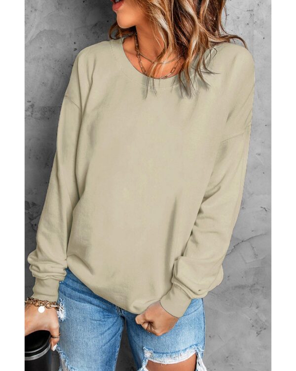 Fanno-Khaki Plain Crew Neck Pullover Sweatshirt for Women 70% Polyester 30% Cotton