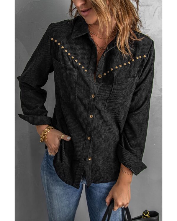 Fanno-Corduroy Buttoned Long Sleeve Shirt with Pockets for Women 2XL Stylish Versatile