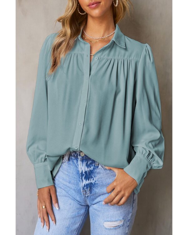 Fanno-Solid Color Button Up Puff Sleeve Blouse for Casual and Formal Occasions