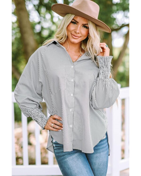 Fanno-Striped Boyfriend Shirt for Women with Smocked Cuffs and Pocket Casual Dressy Wear