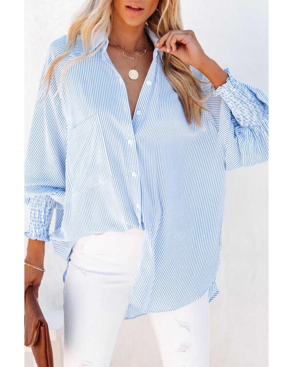 Fanno-Striped Boyfriend Shirt with Smocked Cuffs and Pocket for Women in Various Sizes