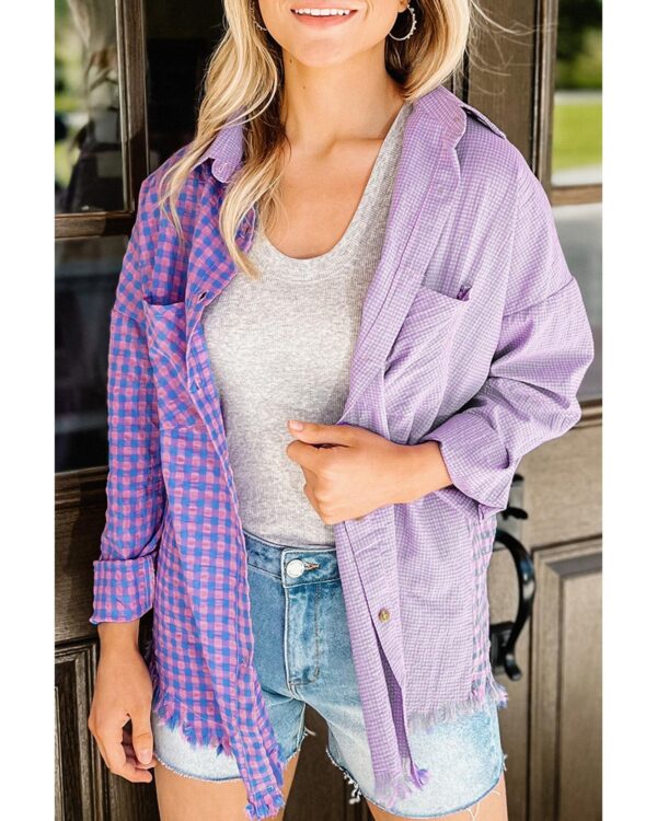 Fanno-Mixed Plaid Button-Down Long Sleeve Shirt for Women with Chest Pocket