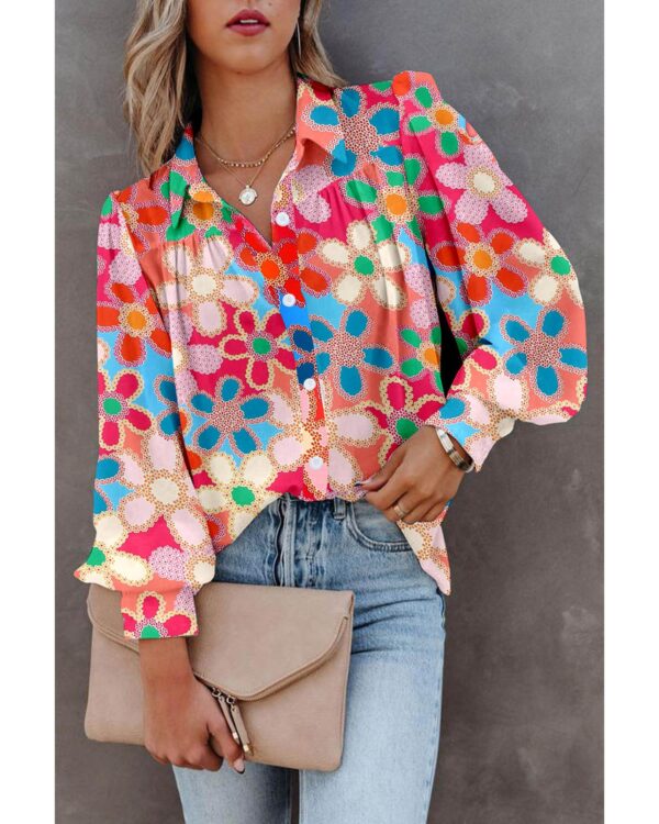 Fanno-Floral Print Bubble Sleeve Shirt for Women Elegant Trendy Multicolor Top M