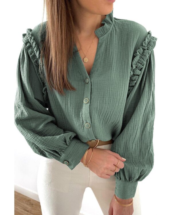 Fanno-Green Crinkled Shirt with Frilled Split Neck for Women Casual and Formal Wear