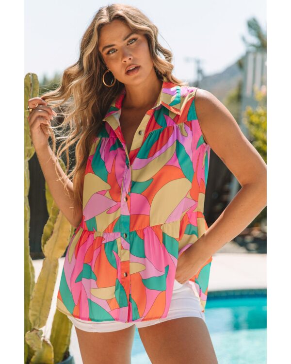 Fanno-Multicolor Abstract Geometric Print Sleeveless Shirt for Women Modern  M