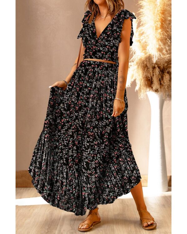 Fanno-Multicolor Floral Ruffled Crop Top and Maxi Skirt Set for  Occasions