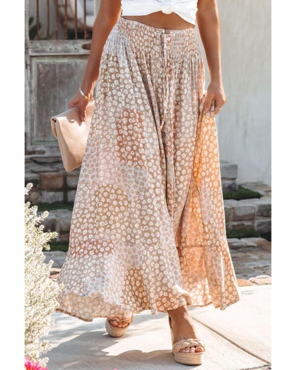 Fanno-Boho Flower Print Maxi Skirt with Smocked Waist and Button Slit for Women