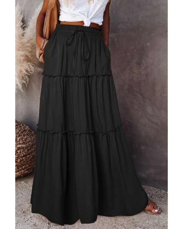 Fanno-Frill Tiered Drawstring Waist Maxi Skirt for Daytime and Evening Wear