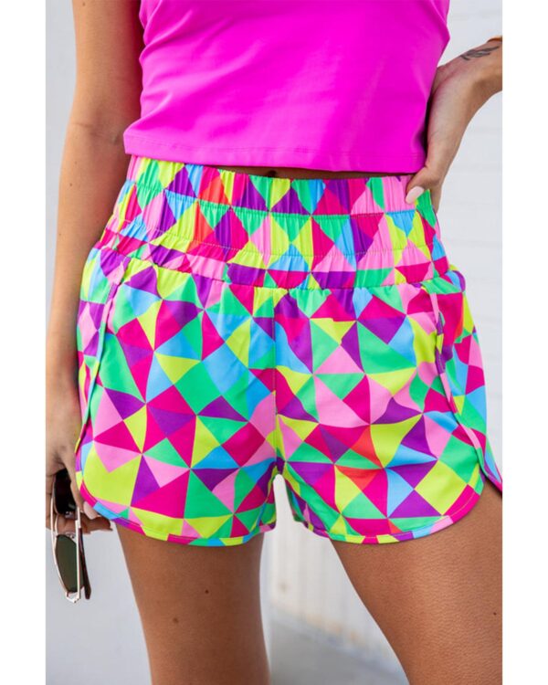 Fanno-Multicolor Geometric High Waisted Athletic Shorts for Gym and Running