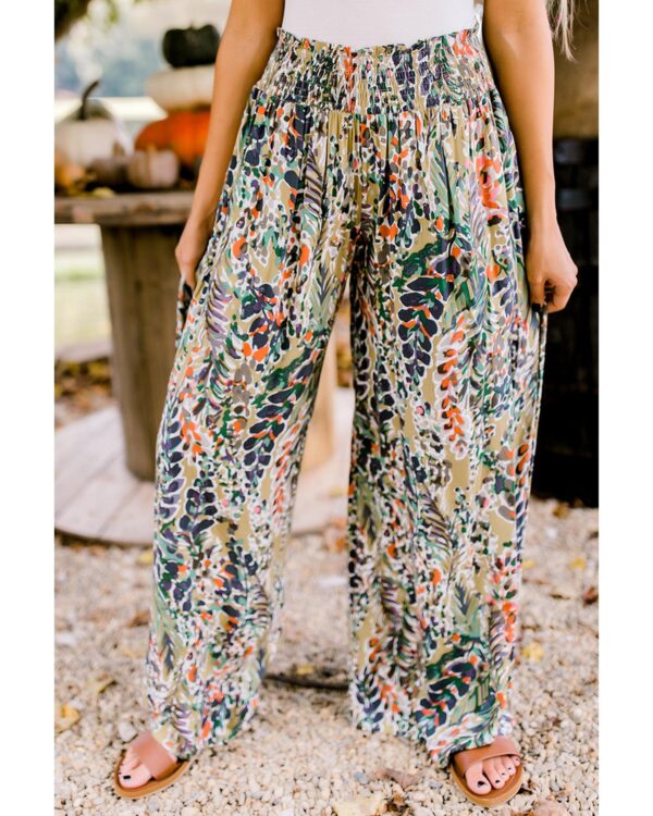 Fanno-Multicolor Floral Print Shirred High Waist Wide Leg Pants for Women Casual