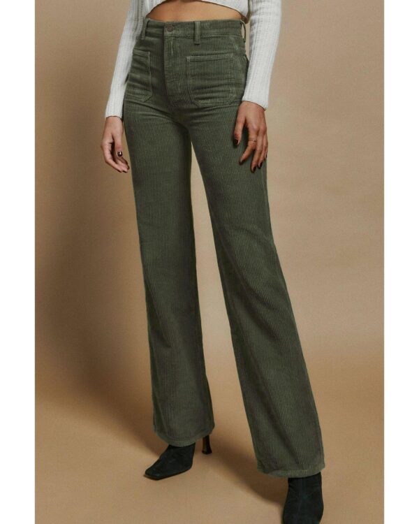 Fanno-High Waist Green Corduroy Pants with Square Pockets for Casual Wear