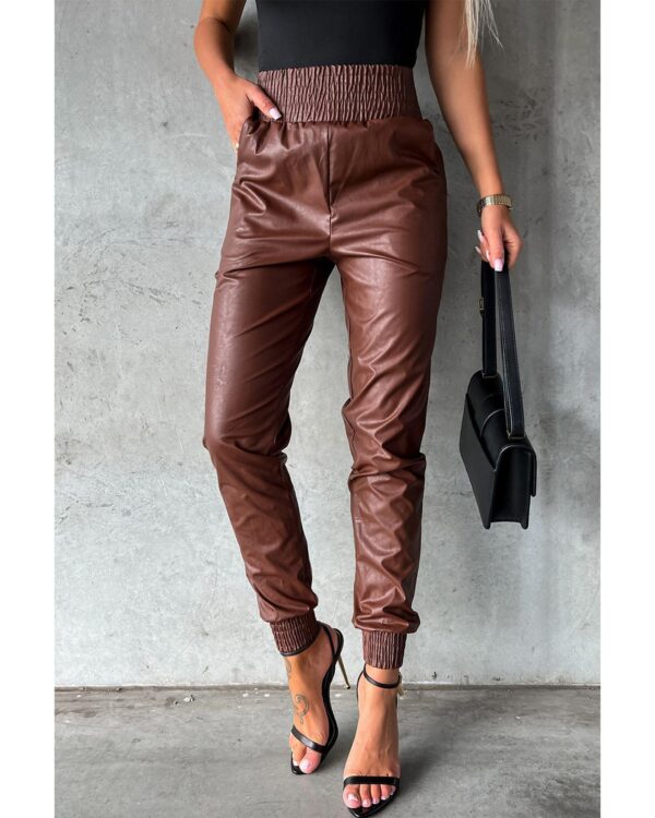 Fanno-Brown Smocked High-Waist Leather Skinny Pants for Women with Pockets and Stretch