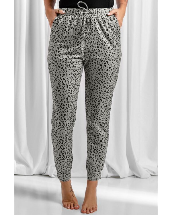 Fanno-Leopard Print Joggers for Women Relaxed Fit Elastic Waistband Khaki