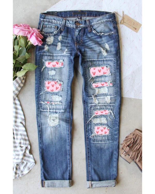 Fanno-Slim Fit Heart Patchwork Denim Jeans Mid-Rise Casual Wear 18 US Size