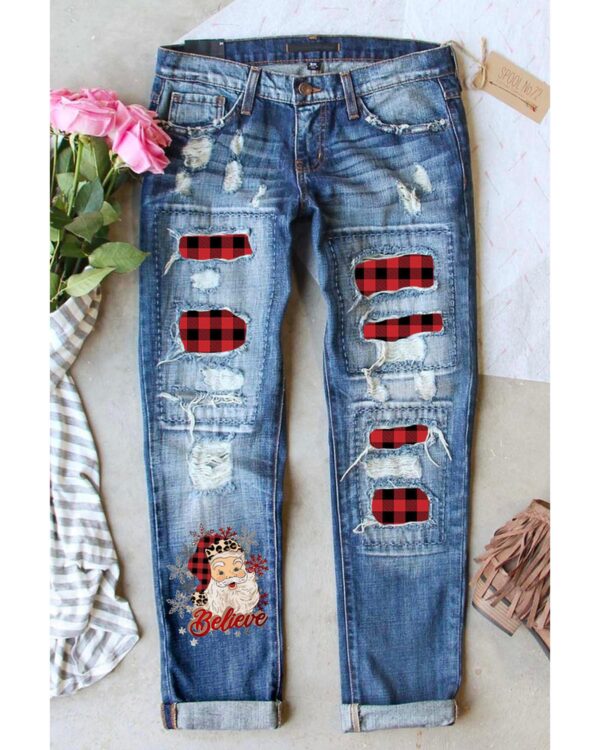 Fanno-Womens Christmas Plaid Splicing Distressed Jeans for Holiday Parties Casual Wear