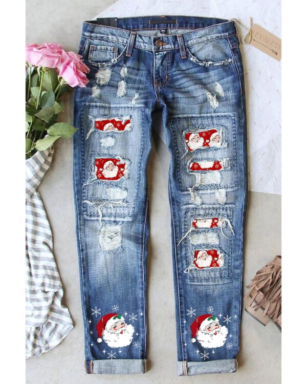 Fanno-Distressed Boyfriend Jeans with Santa Claus Patchwork for Holiday Fashion 14 US