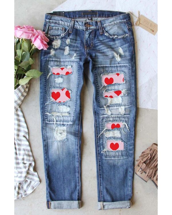 Fanno-Heart Patchwork Distressed Jeans for Women Trendy Comfortable Casual Wear