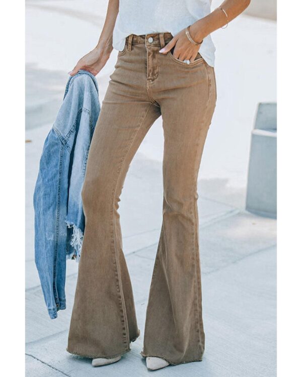 Fanno-Khaki High Waist Flare Jeans for Women with Raw Hem Edgy Casual Dressy Fit