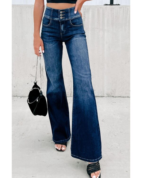 Fanno-Womens Flare Jeans with Elastic Waistband and Button Detail for Casual or Dressy Wear