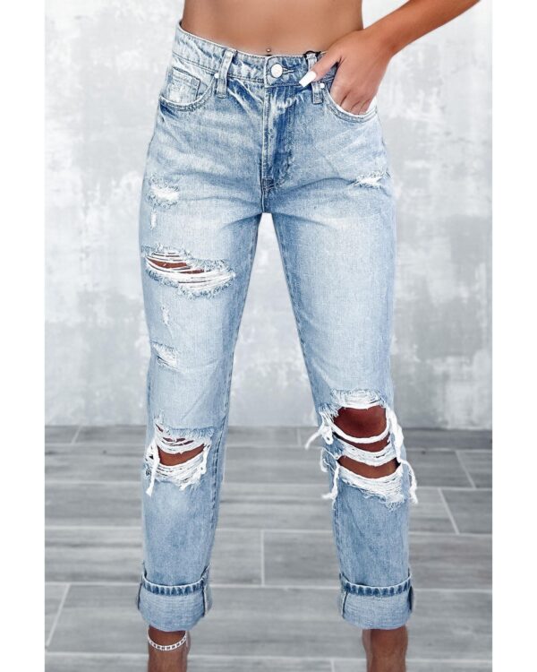 Fanno-Sky Blue High Waist Slim Fit Ripped Jeans with Frayed Detailing for Women