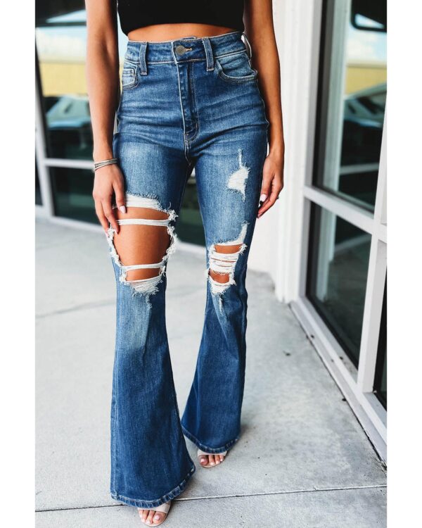 Fanno-Flare Leg Jeans for Women with Ripped Cutout Details and Slimming Effect