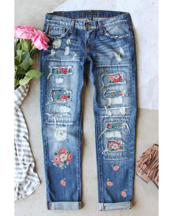 Fanno-Floral Print Contrast Distressed Mid Waist Jeans for Women Size 2XL