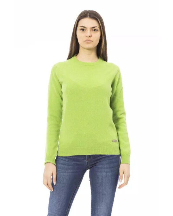 Fanno-Green Wool Long Sleeve Crewneck Sweater for Women with Monogram Detail