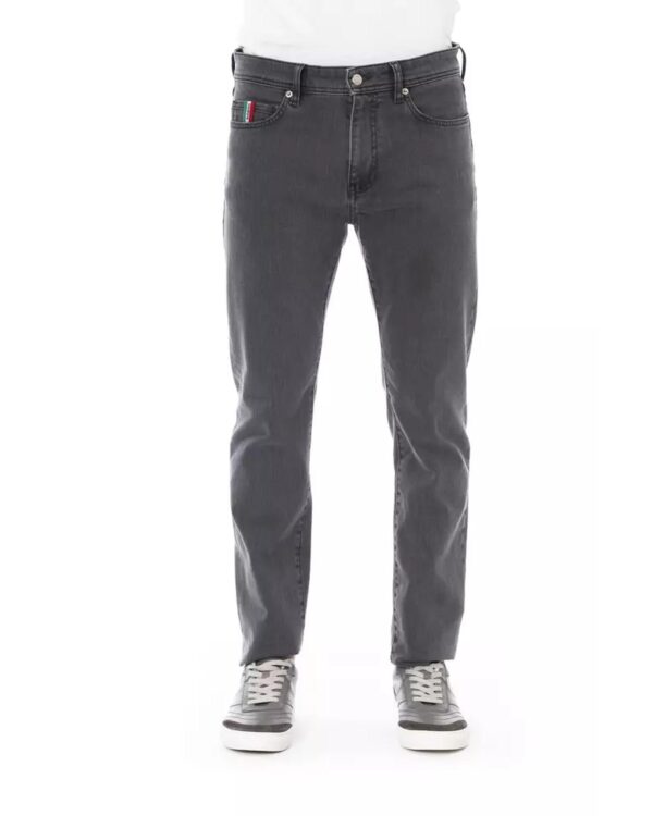 Fanno-Regular Fit Gray Cotton Jeans for Men with Logo Button and Tricolor Insert W36