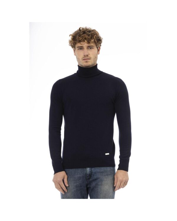 Fanno-Men's Blue Wool Sweater Long Sleeve Turtleneck Fine Ribbed Collar Perfect for Winter