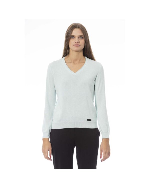 Fanno-Light Blue V-Neck Polyamide Sweater for Women with Long Sleeves and Ribbed Knit