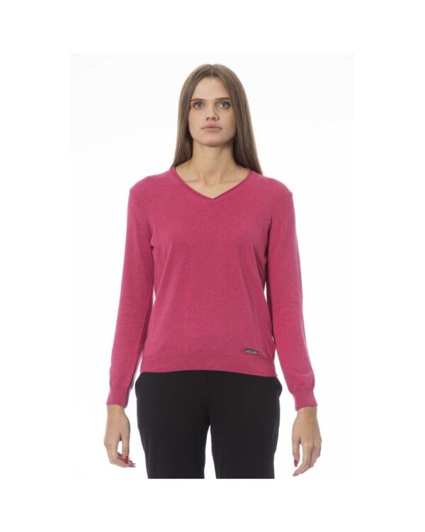 Fanno-Fuchsia Polyamide Sweater for Women V-neck Long Sleeve Ribbed Knit Regular Fit