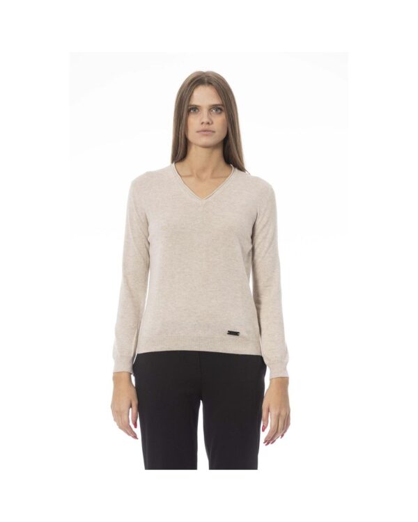 Fanno-Beige V-Neck Long Sleeve Sweater for Women in Premium Polyamide Material