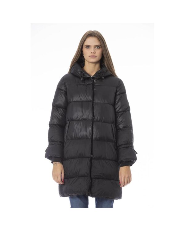 Fanno-Women's Black Nylon Long Down Jacket with External Threaded Pockets and Zip Closure